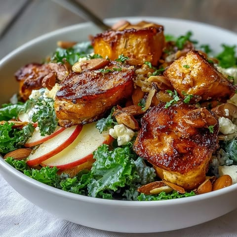 A close-up of a Fall Sweet Potato Harvest Bowl, featuring roasted chicken, caramelized sweet potatoes, and crisp apples on a bed of kale.