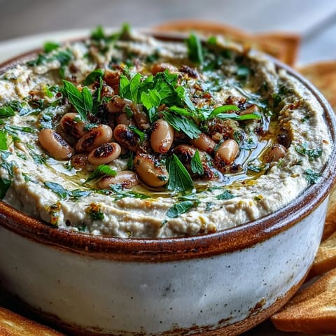 A creamy bowl of Smashed Black-Eyed Peas topped with olive oil and fresh parsley, perfect for dipping with pita chips.