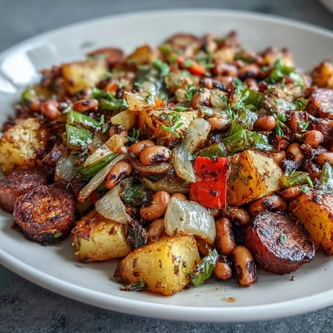 Golden roasted potatoes, black-eyed peas, and colorful bell peppers in Black-Eyed Pea Hash, served hot from the oven.