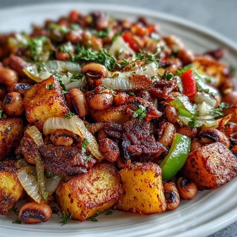 A savory skillet of Black-Eyed Pea Hash with diced Yukon Gold potatoes, onions, and peppers for a hearty breakfast.
