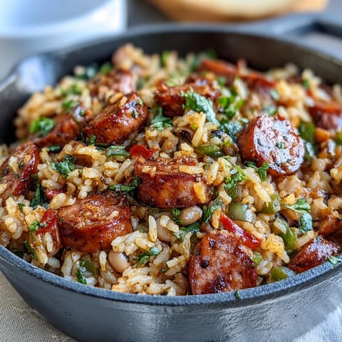 Steam rises from a pot of Black-Eyed Pea Jambalaya, showcasing spicy andouille sausage, bell peppers, and tender rice.