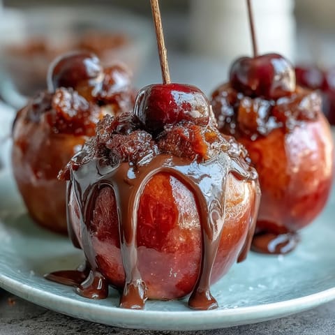 Glossy red candy apples with a smooth white chocolate drizzle, perfect for festive autumn treats and nostalgic dessert tables.