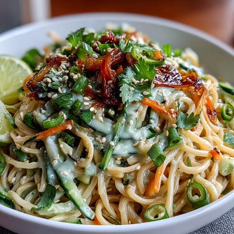 Cold Sesame Noodle Bowl with Cucumber: Refreshing chilled noodles tossed in creamy sesame sauce and topped with crisp cucumber slices and vibrant herbs.