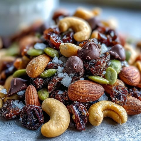 Homemade Trail Mix with Dark Chocolate, a vibrant blend of crunchy nuts, chewy dried fruits, and rich chocolate chunks, perfect for energizing snacks.