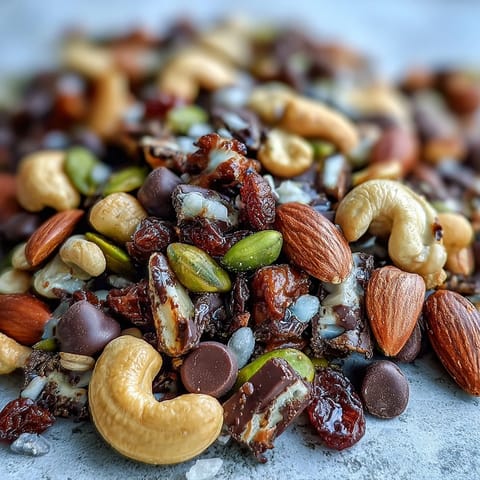 A colorful mix of almonds, cashews, pistachios, and dried cranberries, tossed with dark chocolate for a satisfying, homemade trail mix treat.
