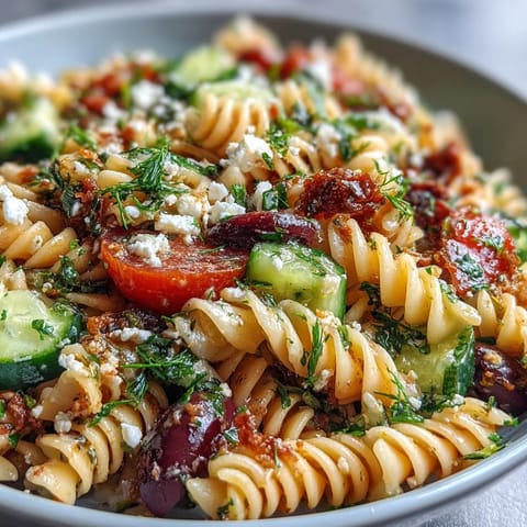 Vibrant Greek-style pasta salad with juicy tomatoes, crisp cucumbers, briny olives, and creamy feta, perfect for summer gatherings.