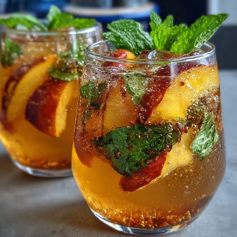 Vibrant mango peach sparkling tea with fresh fruit slices and mint leaves in chilled glasses.  