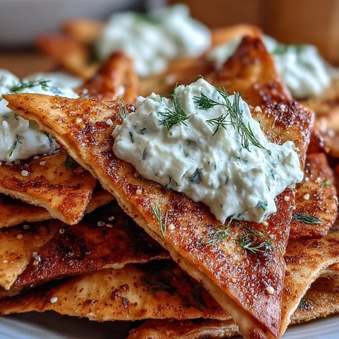 Homemade pita chips with tzatziki — crispy triangles paired with cool, creamy cucumber dip.