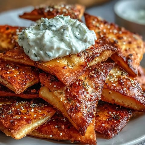 Golden baked pita chips served alongside refreshing tzatziki sauce for a Mediterranean snack.