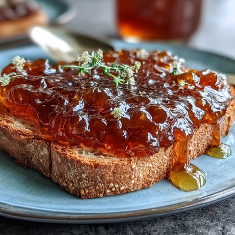 Vibrant golden dandelion jelly spread on a slice of rustic bread, capturing the delicate floral sweetness of spring blooms.