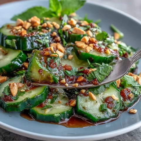 Cool smashed cucumbers tossed in chili-garlic dressing, garnished with sesame seeds and scallions for bold, refreshing crunch.