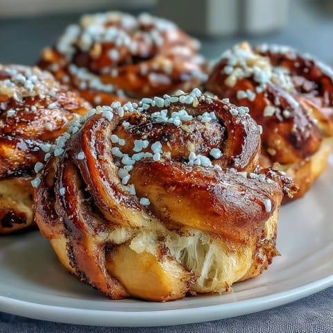 Buttery Swedish cardamom buns twisted into knots and topped with sparkling pearl sugar for a sweet treat.