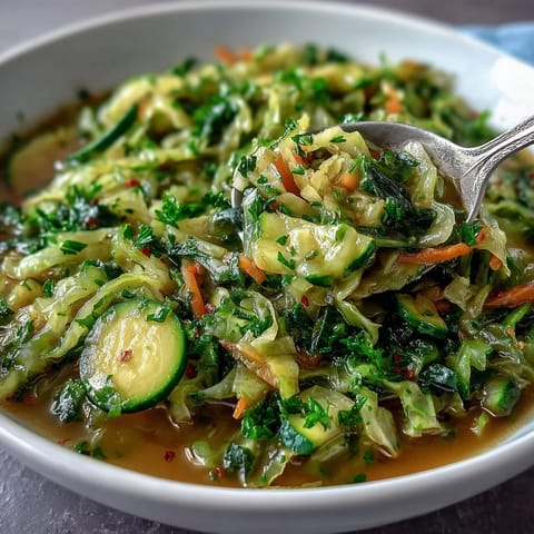 A steaming bowl of Spring Detox Cabbage Soup with vibrant green cabbage, carrots, and fresh herbs.