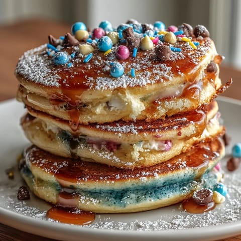 Festive Easter Egg Pancakes topped with colorful glaze and sprinkles, perfect for a cheerful spring breakfast.