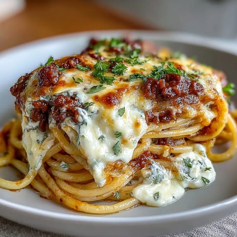 Baked Million Dollar Spaghetti with creamy Alfredo, savory meat sauce, and golden mozzarella cheese.