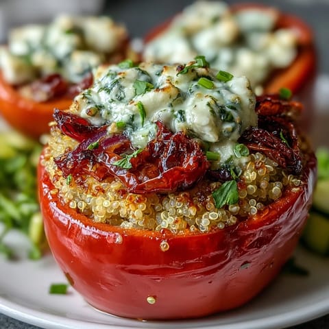 Vibrant bell peppers stuffed with quinoa, roasted vegetables, and creamy goat cheese, baked until tender and golden.