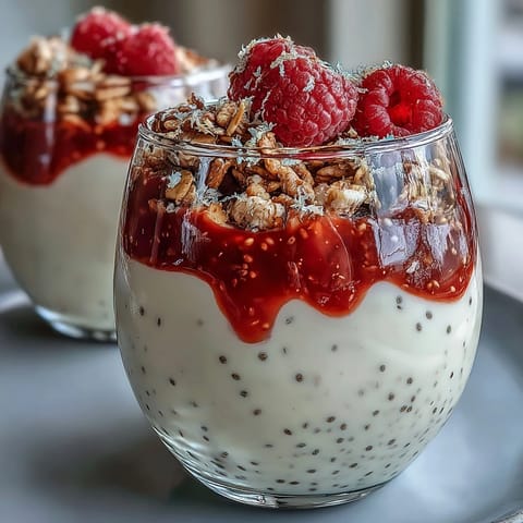 Layered lemon chia pudding parfait with crunchy granola and raspberry compote, a refreshing and nutritious breakfast treat.