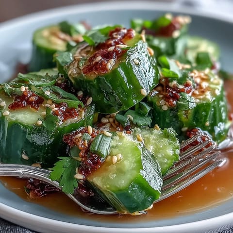 Smashed Cucumber Salad with chili and sesame oil, a crisp Asian-inspired side bursting with tangy, garlicky flavor.
