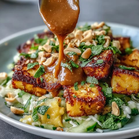 Vibrant Thai Mango Salad with crispy tofu, drizzled with creamy peanut sauce.