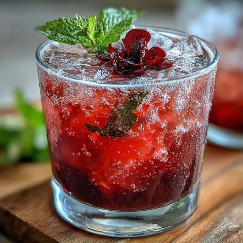 Golden hour glow on a glass of Sparkling Hibiscus Mint Lemonade Mocktail.