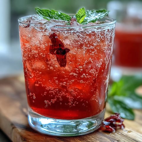 Vibrant Sparkling Hibiscus Mint Lemonade Mocktail garnished with lemon, perfect party drink.