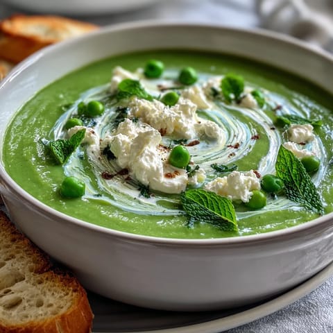 Vibrant Spring Pea Soup with creamy ricotta drizzled with mint oil.