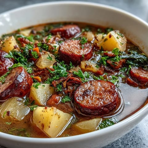 Hearty Quick German Sausage Soup with tender vegetables and savory browned sausage chunks.
