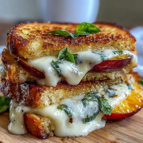 Juicy Peach Hot Honey Grilled Cheese with gooey melted cheddar and mozzarella.