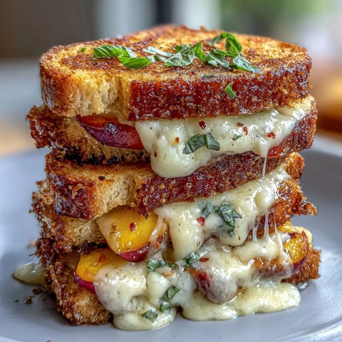 Golden toasted bread cradles sweet, spicy peaches and hot honey goodness.