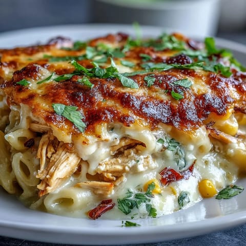 Creamy Street Corn Chicken Pasta Bake, topped with bubbling golden cheese and fresh cilantro.