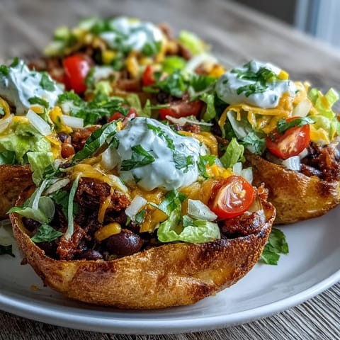 Crispy potato taco bowls overflow with seasoned black beans and vibrant fresh toppings.