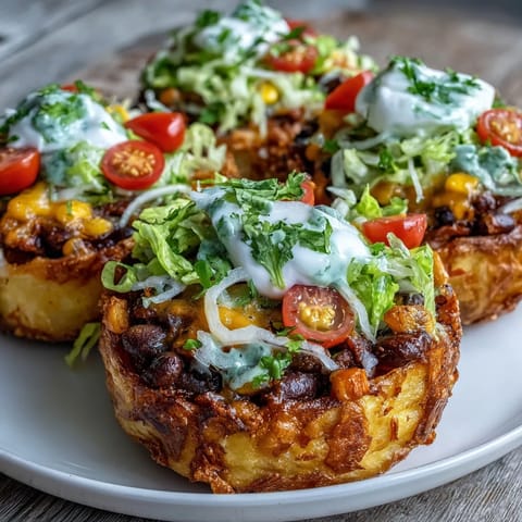 Savory crispy potato taco bowls piled high with colorful, fresh Tex-Mex ingredients.