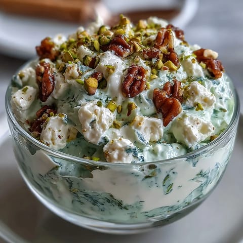 Creamy Cottage Cheese Pistachio Jello Salad with nuts and pineapple, chilled to perfection.