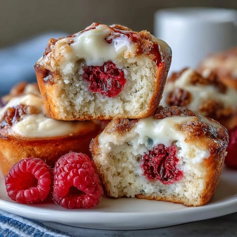Bite-sized raspberry cream cheese muffins, a sweet treat perfect for brunch.