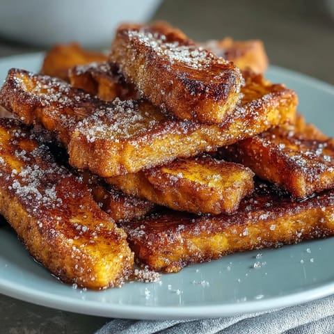 Golden-brown pumpkin cinnamon toast sticks dusted with sugar, perfect for a cozy fall breakfast.