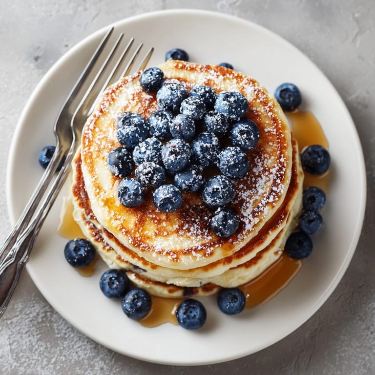 Stack of fluffy blueberry pancakes topped with fresh berries and golden maple syrup drizzle.