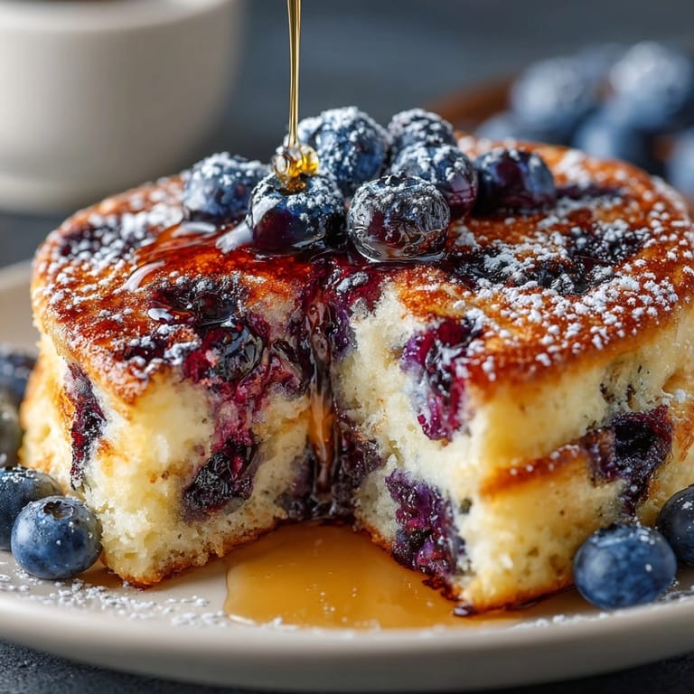 Close-up of homemade blueberry pancakes, golden edges showing, ready to serve with syrup for brunch.