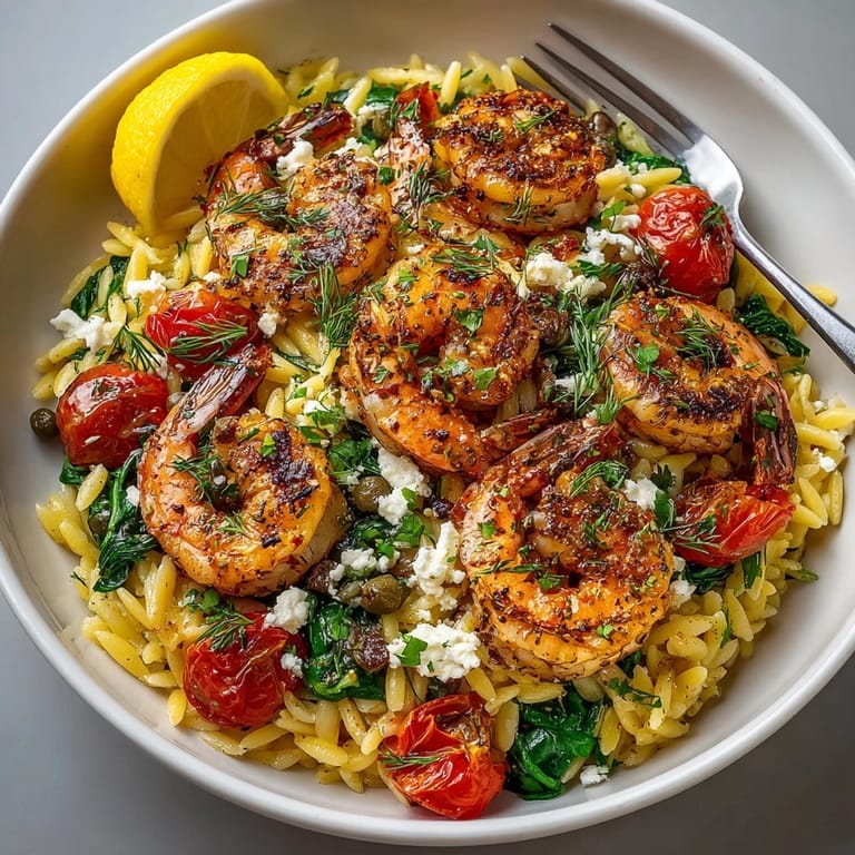 Close-up of Lemon Feta Orzo with Roasted Shrimp, showing creamy feta, golden shrimp, and bright cherry tomatoes.