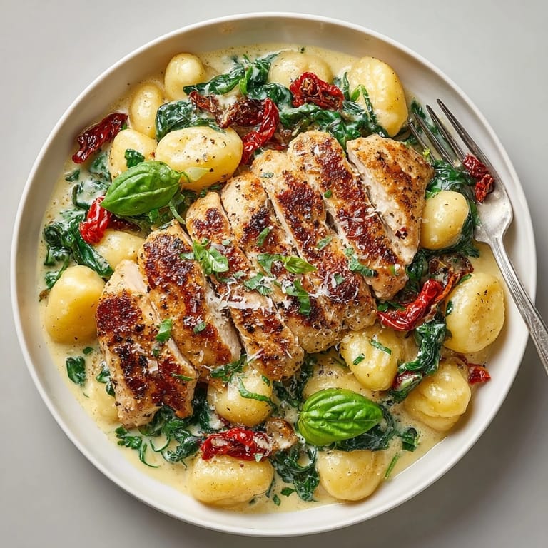 Hearty Marry Me Chicken &amp; Gnocchi Skillet featuring golden chicken, pillowy gnocchi, and vibrant sun-dried tomatoes.