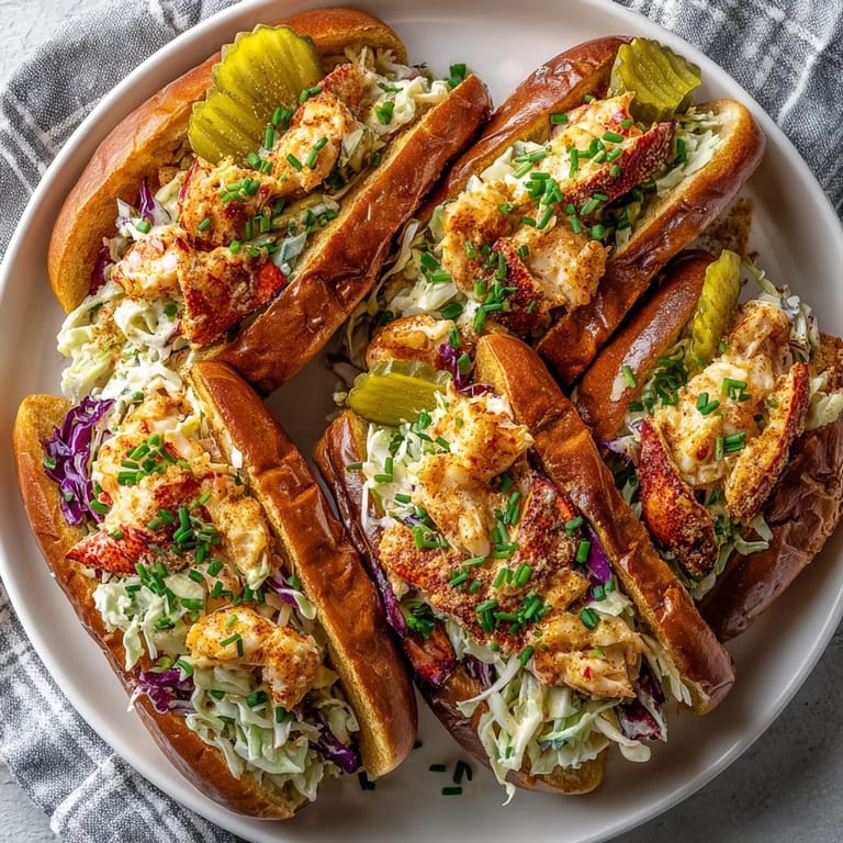 Buttery toasted buns overflowing with Nashville Hot Lobster Rolls, crisp cabbage slaw, and tangy pickles.