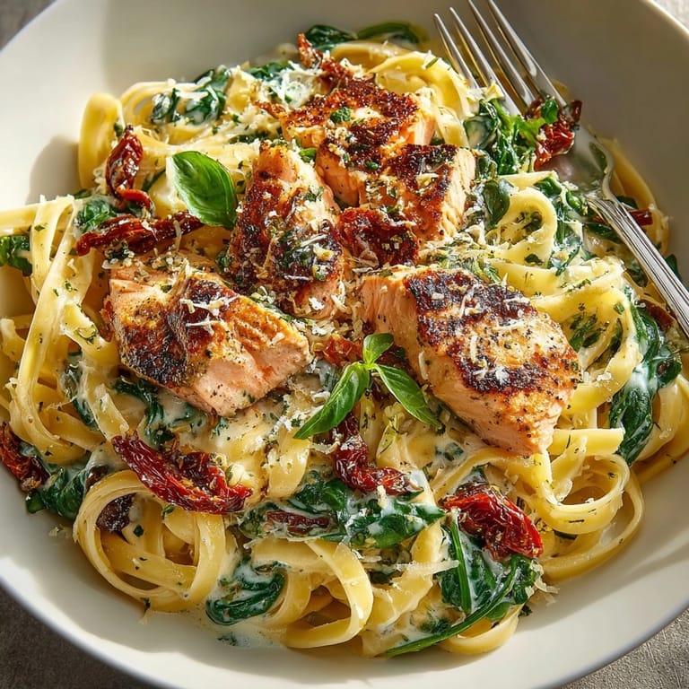 Rich and silky Creamy Garlic Tuscan Salmon Pasta with golden salmon, wilted spinach, and sun-dried tomatoes.