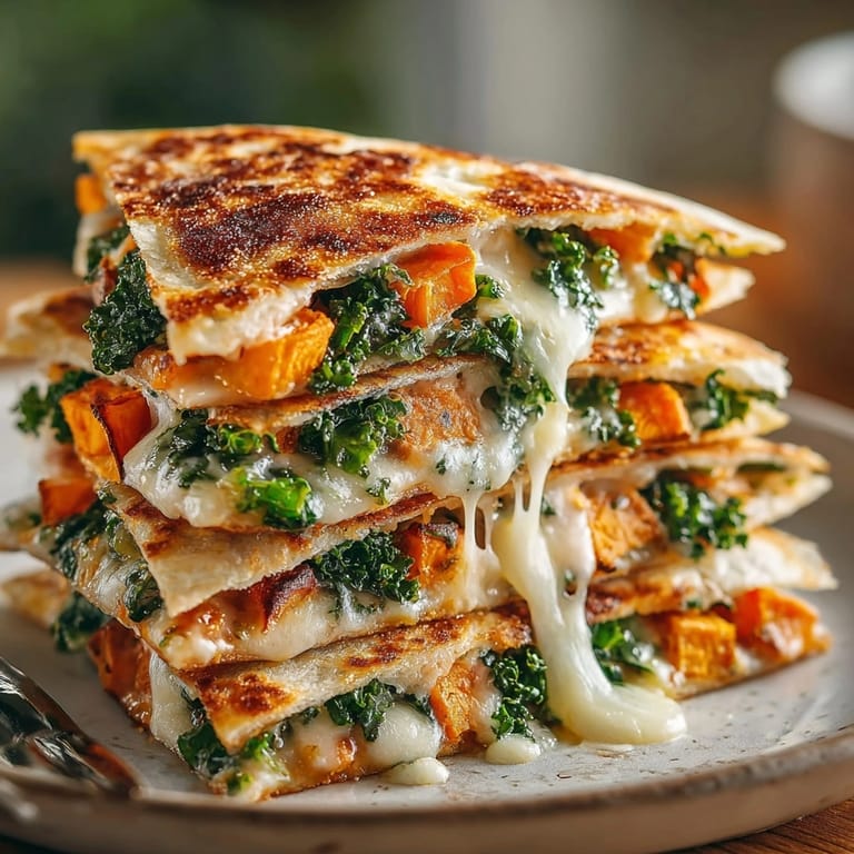 Golden Sweet Potato &amp; Kale Quesadillas served warm, steam rising and kale peeking through