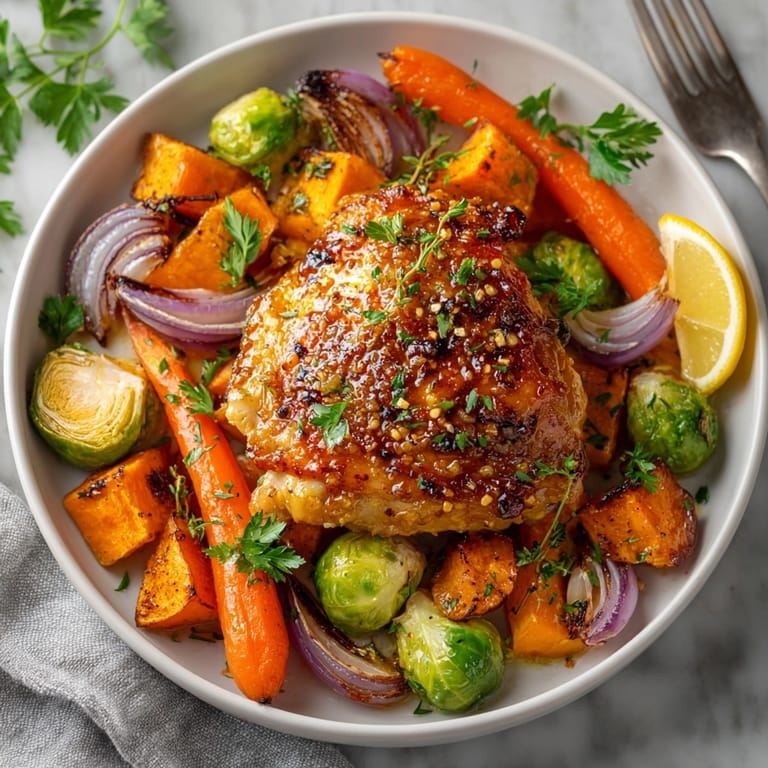 Juicy chicken thighs in honey mustard sauce atop autumn vegetables, garnished with parsley on a rustic baking sheet.