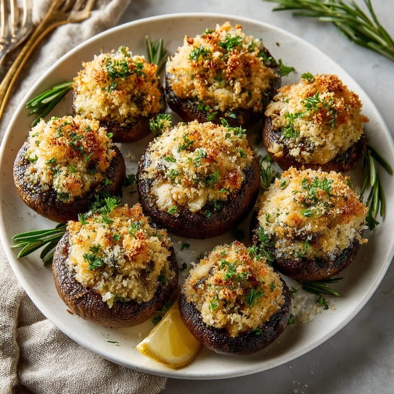 Party appetizer spread featuring Rosemary Parmesan Stuffed Mushrooms, garnished with lemon zest and rosemary.