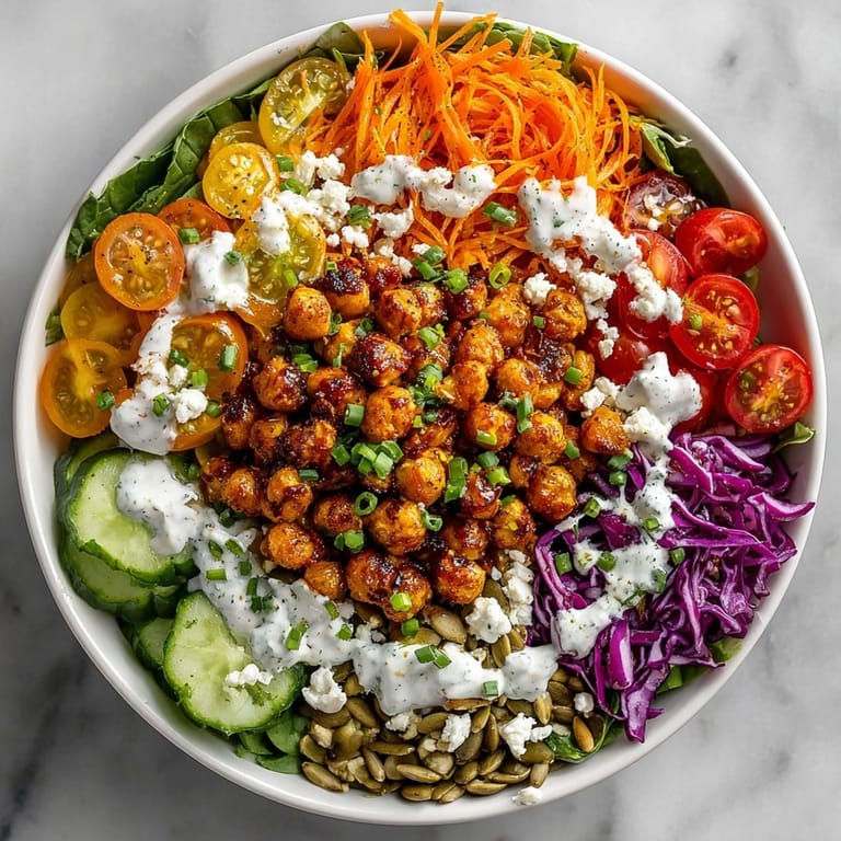 Healthy 15-minute Buffalo Chickpea Power Bowl featuring crisp greens and warm spiced chickpeas.