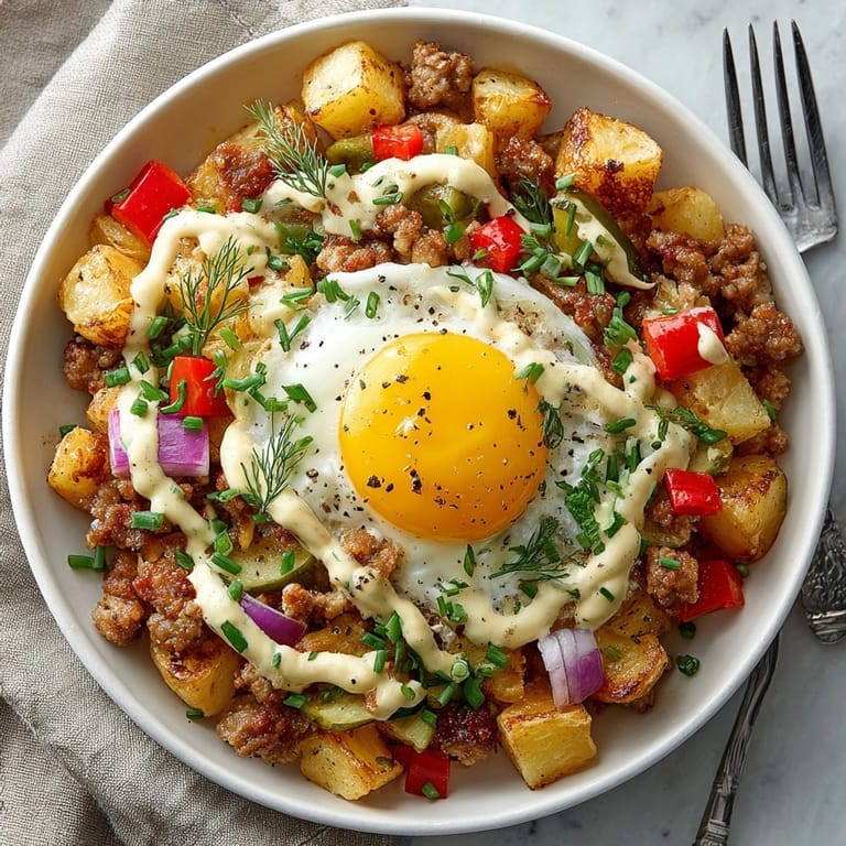 Hearty Pickle-Fix Loaded Breakfast Hash with Dill Ranch served hot, highlighting golden potatoes, tangy pickles, and creamy drizzle.