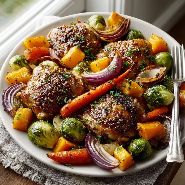 Freshly baked One-Pan Honey Garlic Chicken with Roasted Fall Vegetables, featuring colorful squash, carrots, and crispy Brussels sprouts.