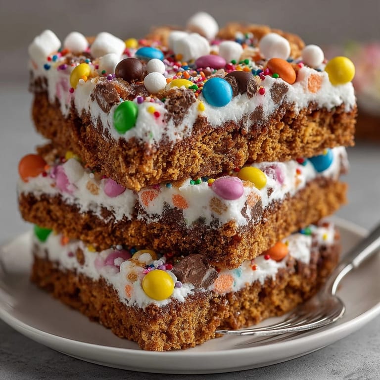 Close-up of Silly Cake Gingerbread House Collapse Bars showing chewy spiced layers and playful candy decorations