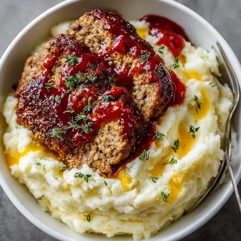 Sliced Classic Comfort Meatloaf and Mashed Potato Skillet served warm straight from the oven, perfect for cozy nights