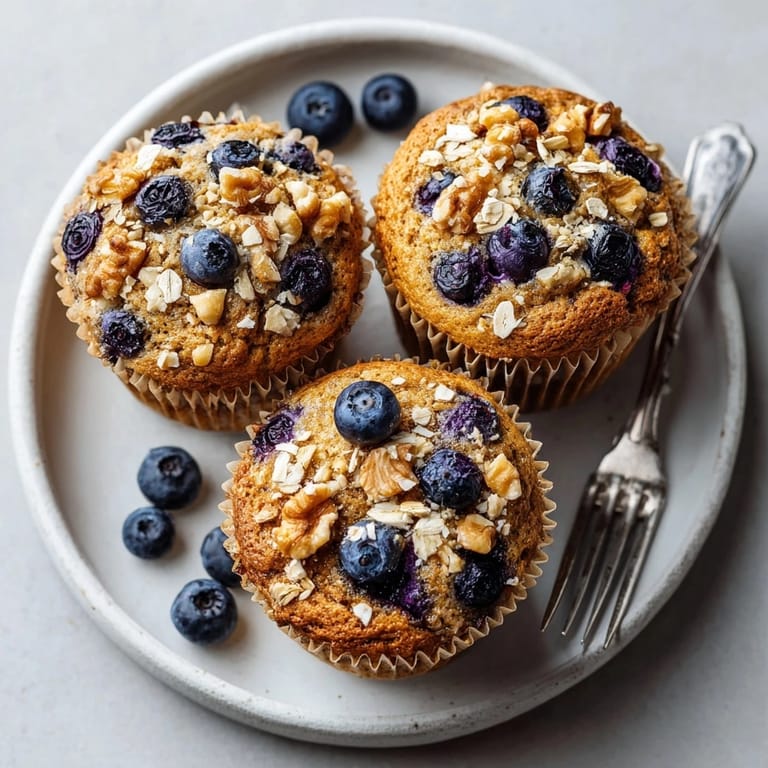 Freshly baked Brain Food Blueberry Oat Breakfast Muffins with Omega-3, moist and hearty, perfect for a healthy morning snack.